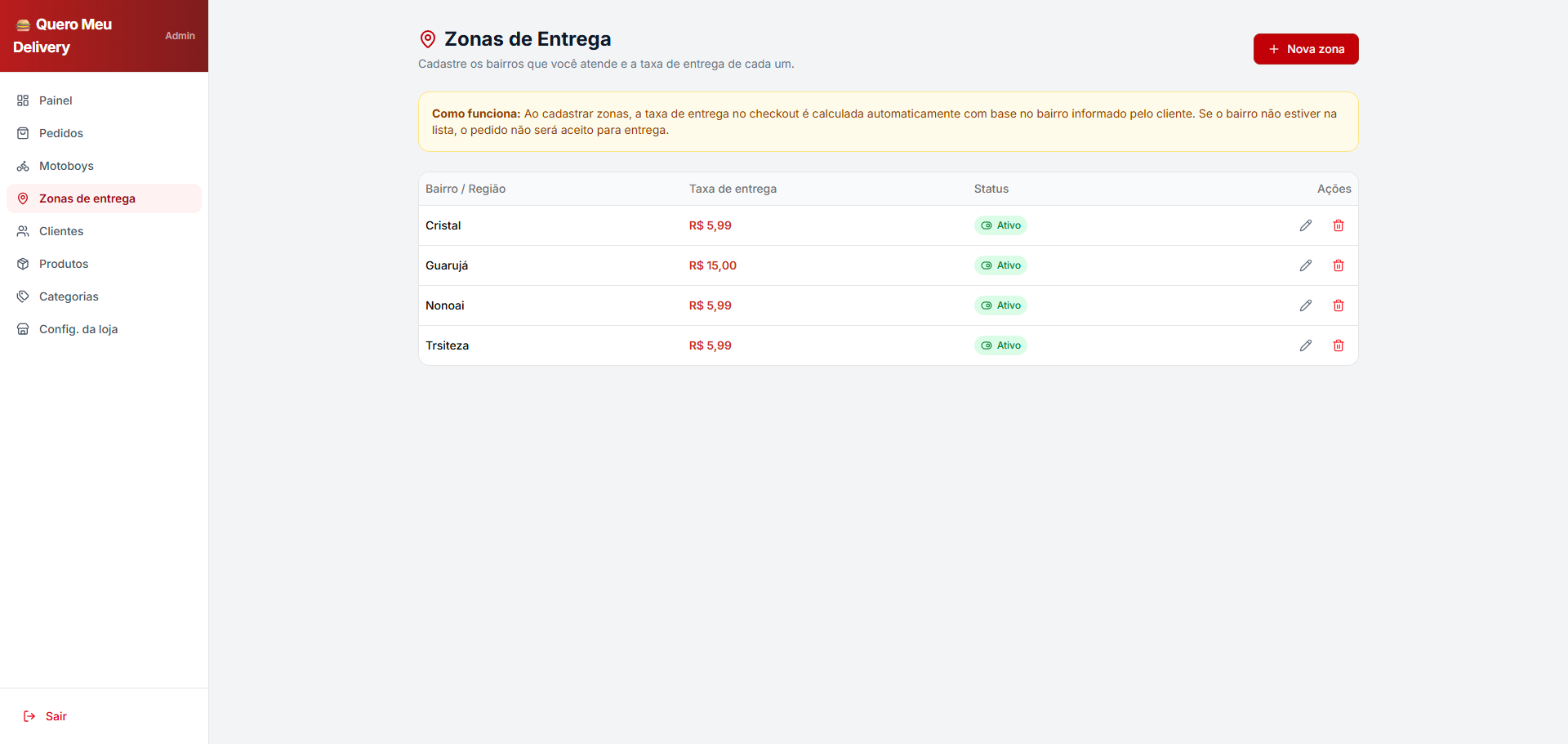 Configuração de bairros de entrega com taxa por região