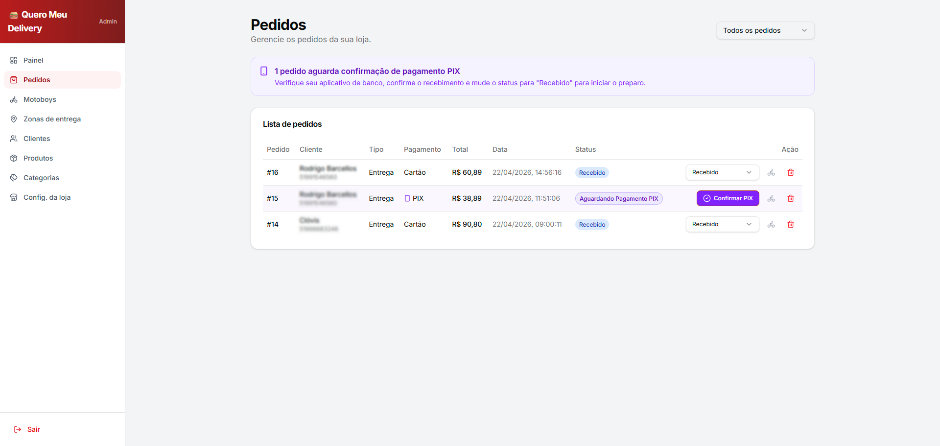Gestão de pedidos no painel admin