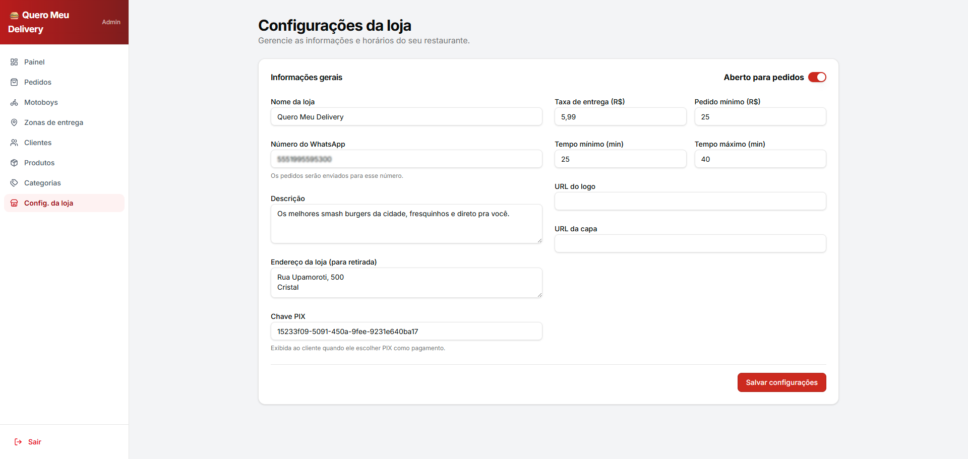 Configuração da loja no painel admin