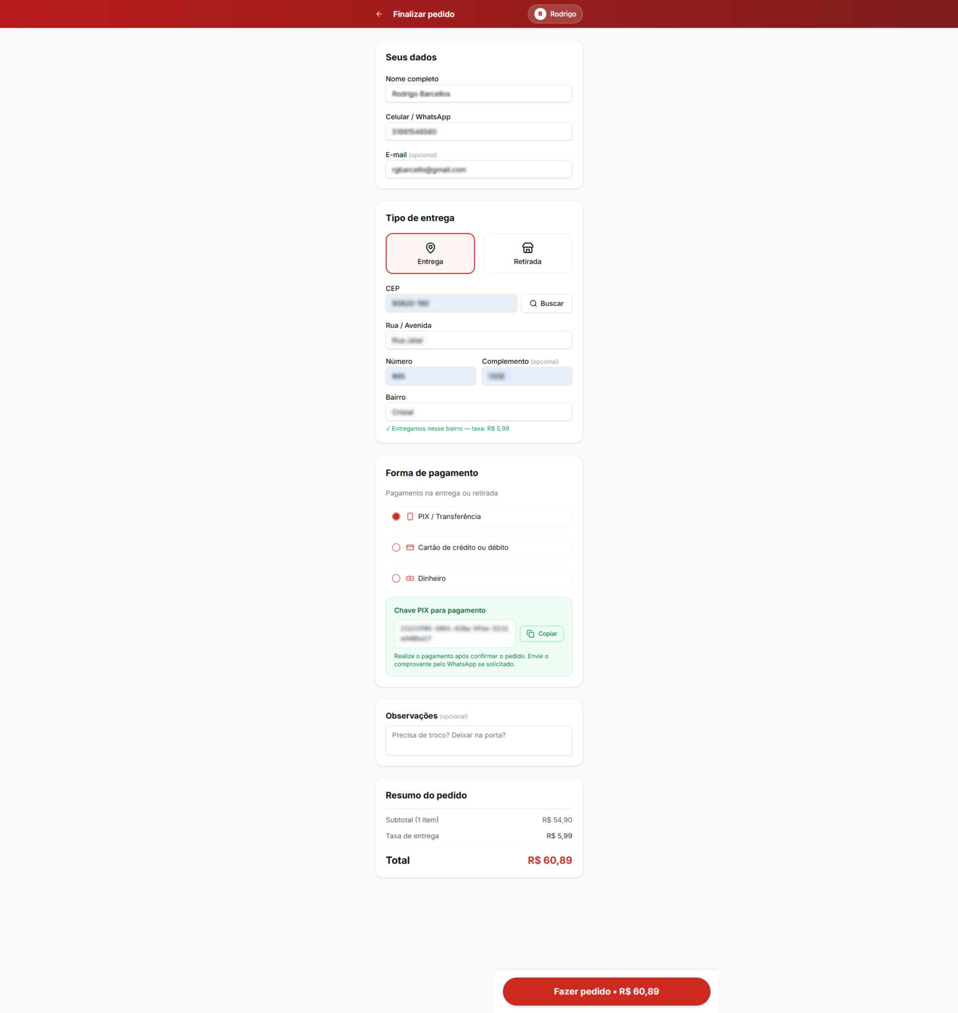 Tela de checkout do cliente com PIX e endereço de entrega